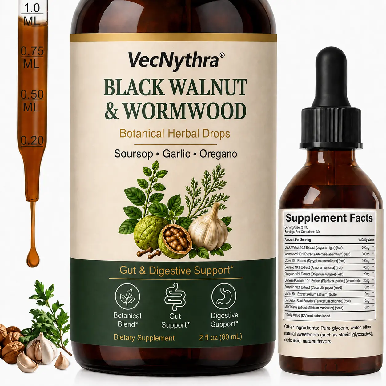 VecNythra Black Walnut Wormwood Liquid Drops | 10:1 Herbal Extract Blend with Clove, Garlic, Oregano & Soursop | Alcohol-Free Botanical Supplement | 30 Servings | 2 fl oz (60 mL)