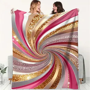 Swirling Spiral Flannel Blanket, Vibrant Glossy Throw Blanket with Pink, Gold & Silver Colors, Luxurious Decorative Home Blanket, Perfect for Cozying Up at Home, Camping, Travel & Office Warmth
