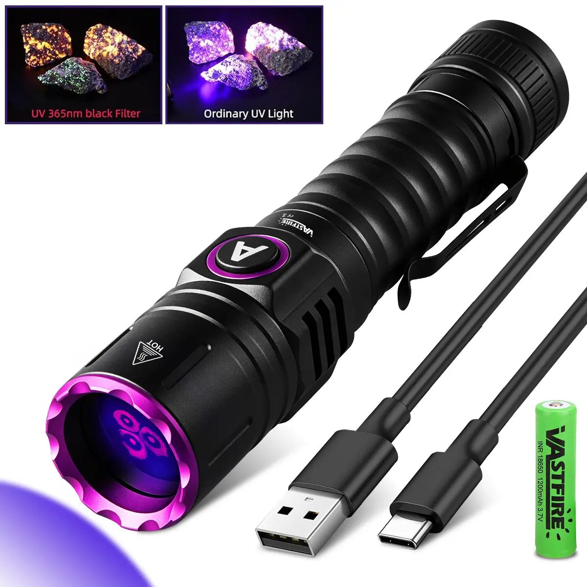 VASTFIRE 5W 365nm UV Rechargeable Flashlight, Professional Black Light Flashlight Lights for Leak Detection & Jewelry Authentication, Type-C Charging, Fixed Focus, 2-Pack, Rechargeable Flashlights Flashlight Violet Handheld Flash Light