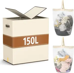 150L  Laundry Hamper with Lid  Foldable Double Laundry Hamper with Removable Liner  2 Section Clothes Basket, Dirty Clothes Basket for Bedroom, Bathroom, Laundry Room,Beige