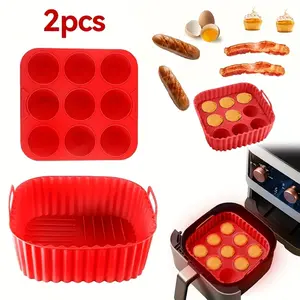 2 Pack Silicone Air Fryer Liners & Muffin Pans | Reusable Non Stick Baking Tray with Cupcake & Square Molds | Fits Air Fryer Oven & Electric Pressure Cooker | Easy Release & Quick Clean | Ideal for Bakers & Healthy Home Cooks