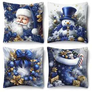 4pcs, Blue And Golden Christmas Pillow Covers with Rose And Bow Elements, Suitable for Home Decoration, Home Decoration Sofa Pillow Covers, Modern Sofa Decoration Cushion Covers, Single Sided Printing, No Pillow Core