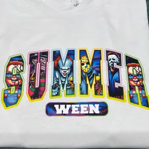 Neon Summerween White Cotton Shirt with Colorful Horror Character Design