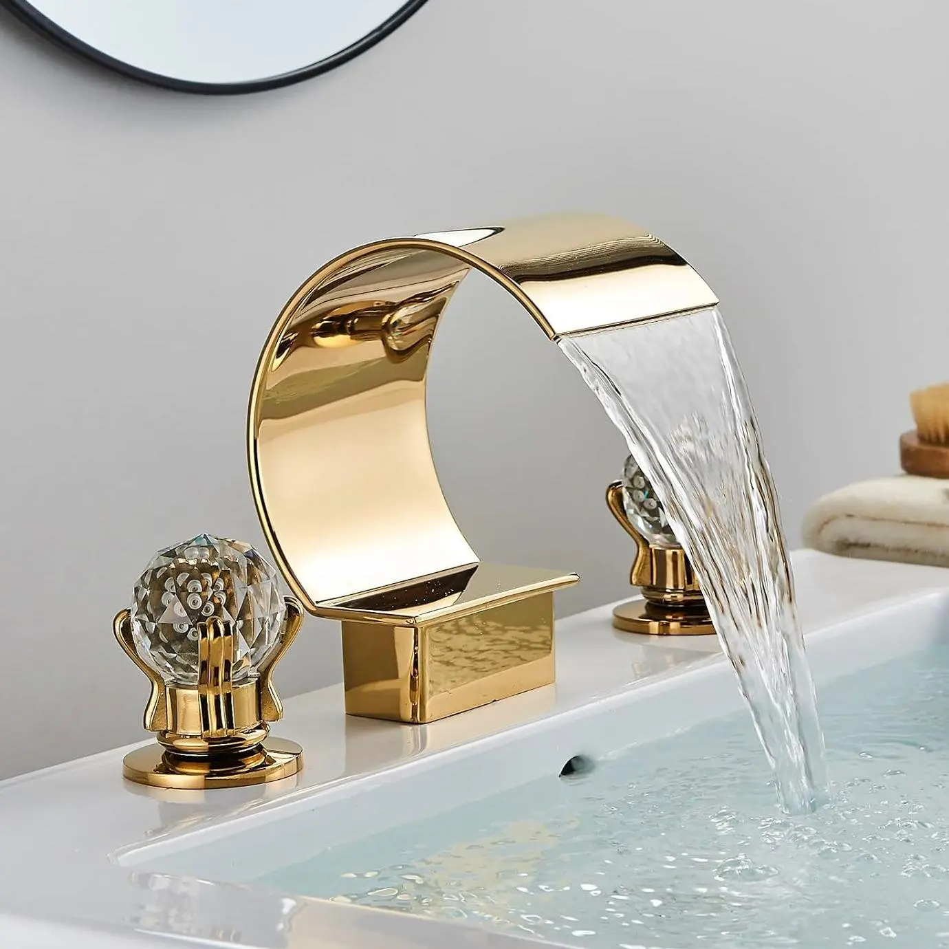 Bathroom faucets, two handles, black, gold, silver, three holes, widespread bath faucets, with crystal handle, bathroom sink faucets, contains supply lines and hot and cold water Decorative Modern, Double Handle Faucet