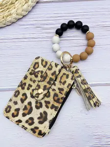 Fashion Leopard & Floral Pattern Beaded Wristlet Keychain, Boho Style Tassel Decorated Wallet Keychain for Women & Girls, Casual Trendy Accessories for Daily Use, Keychain Wristlet Strap