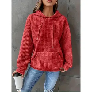 Vibrant Red Cozy Waffle Knit Hoodie - Women's Casual Pullover with Drawstring Hood, Machine Washable & Dry Cleanable, Fitted Design, Light Gray Tops Black Winter Collar Fabric Womenswear Polyester Spandex Sweatshirts Long Sleeve Knitwear Knitting