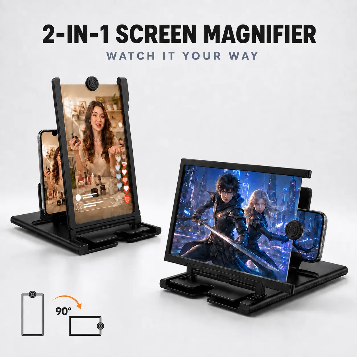 12" Phone Screen Magnifier, 2-in-1 Rotatable HD Magnifying Screen Amplifier with Foldable Stand, Acrylic Lens Projector for Movies Videos Gaming, Compatible with All Smartphones-YY