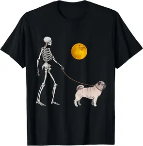 Pug Skeleton Dog Walking Halloween Costume Casual Short Sleeve Cotton T-Shirt