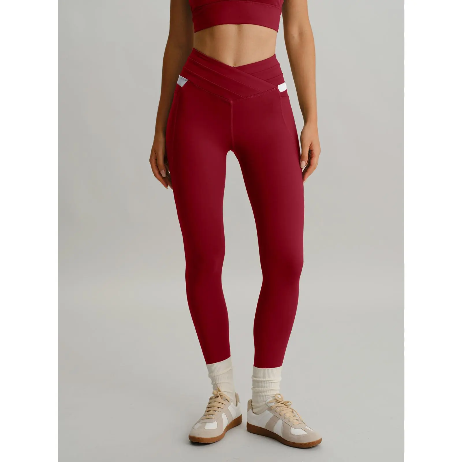 BERLOOK Women's Minimalist High-Waisted Leggings in Wine Red, Soft Compression Spandex with Pockets for Gym & Running, 26" Inseam
