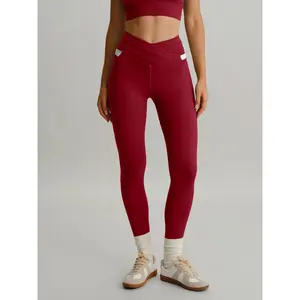 BERLOOK Women's Wine Red High-Waisted Spandex Compression Sports Bottoms - 26" Breathable Minimalist Activewear Leggings with Pockets, Ideal for Athletic Activities
