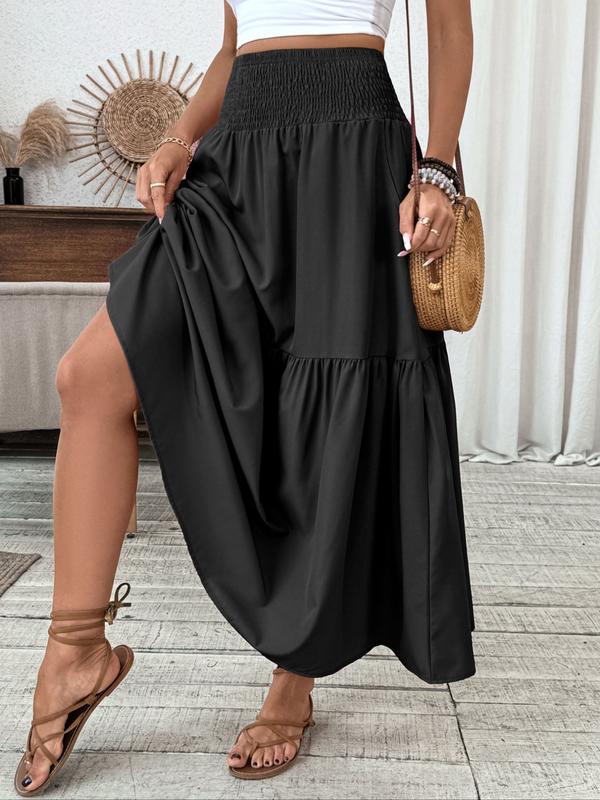 Plus Size Floral Midi Skirt - Smocked Waist, Side Pockets (Casual/Work)