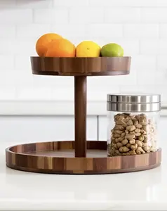 Extra Large 2-Tier Acacia Wood Fruit Rack, Non-Rotating Lazy Susan, 15 Inch Round Serving Tray, Modern Kitchen Organizer
