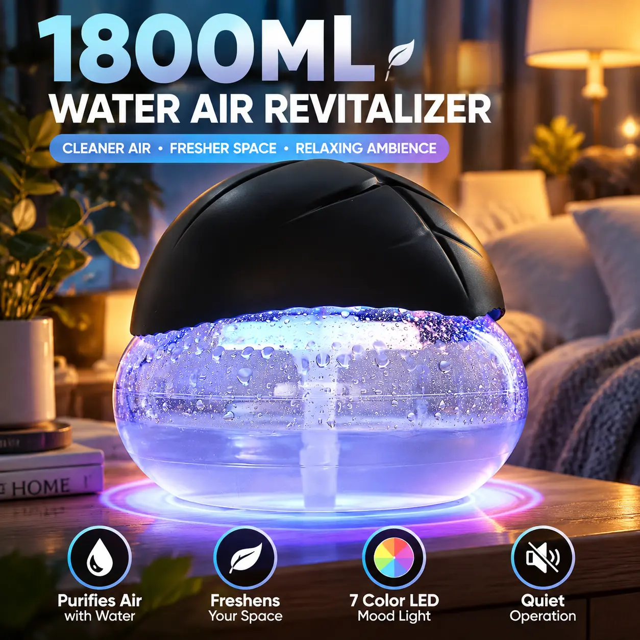 Water-Based Air Purifier Air Washer, Air Freshener with 7 Color Changing LED Mood Light, 1800ml Large Capacity Water Tank for Home, Office, Bedroom, Room, Air Revitalizer and Freshener, Air Purifier Diffuser (No Essential Oils Needed)