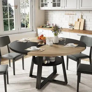 Round Dining Table for 4-6, 47.2 in Farmhouse Kitchen Table with Storage, Circle Dinner Tables for Kitchen, Dining Room, Living Room, Meeting Room, Apartment, Natural and Black