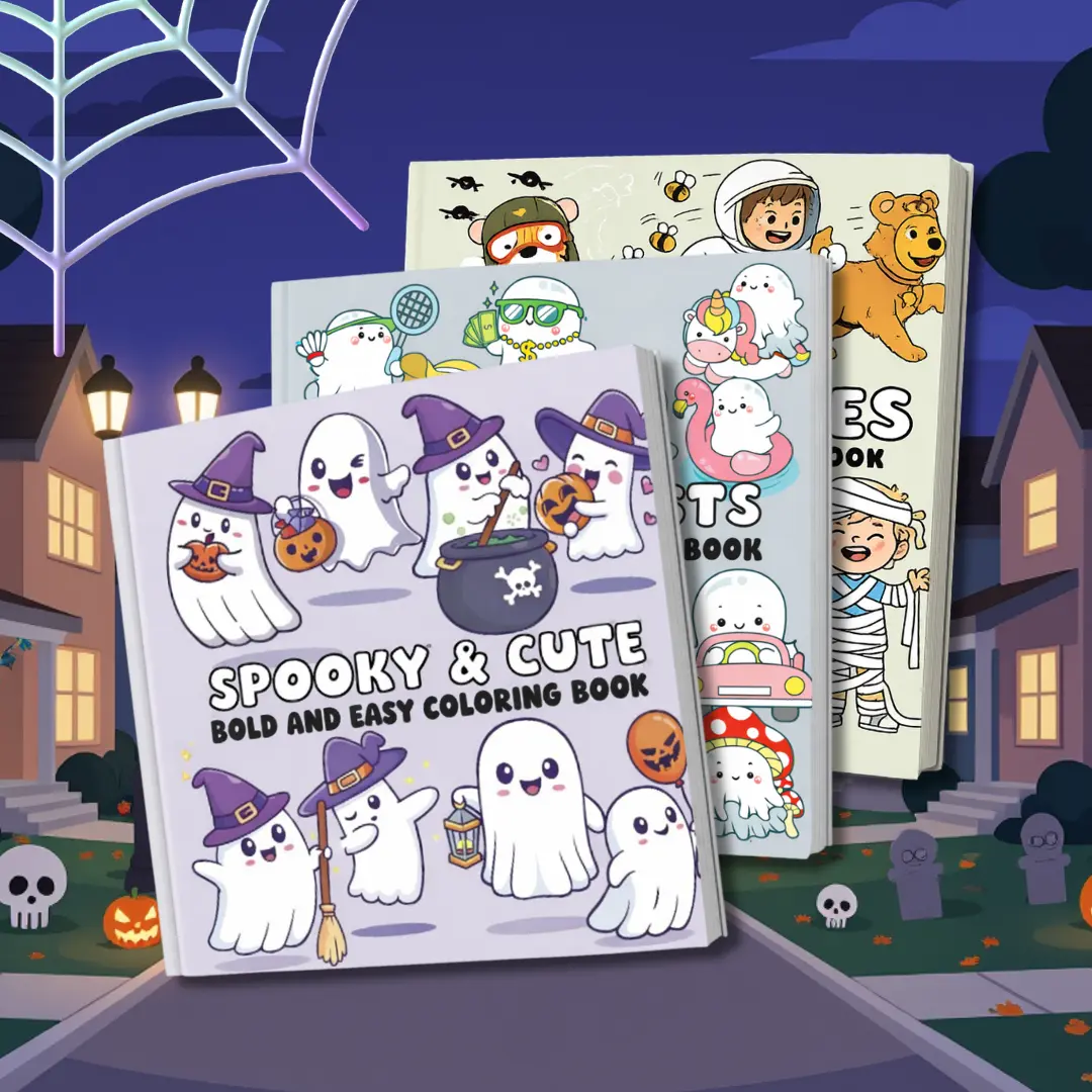 Office Art Supplies 3-Pack Halloween Coloring Books Bundle - Kawaii, Adorable, Multi-Page, Paper-Based, Kids’ Bold-Line Designs, Cute Ghost Scenes for Creative Relaxation, Kawaii Coloring Book, Adorable Coloring Book