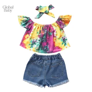 Global Baby Kids Baby Girls Fashion 3-piece Outfit Set Tie-dye Tops+Sequins Denim Shorts+Headband Set Children Summer Suits Seaside Vacation New Tops with Short Ripped Jeans