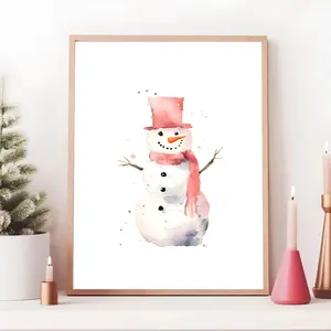 Pink Watercolor Christmas Print, Snowman Printable Wall Art, Pink Winter Wall Art, Winter Art, Frosty Snowman Art, Instant Digital Download