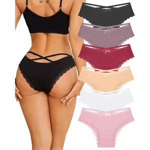 Women Cotton Underwear Sexy Criss Cross Lace Trim Low Rise Cheeky Bikini Panties 6 Pack