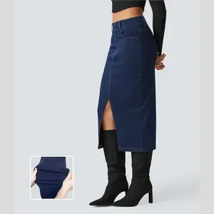 Halara Halara Flex High Waisted Multiple Pockets Bodycon Split Stretchy Knit Denim Casual Midi Skirt