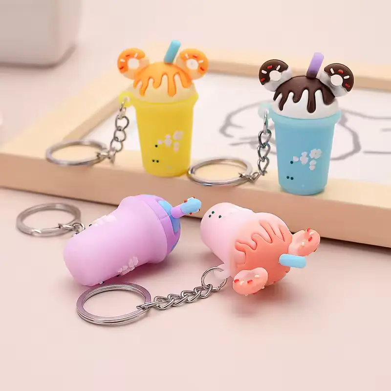 Cutesy Milk Tea Key Chain - Adorable Donut Topped Cup Design - Durable Lightweight Key Accessory - Random Color Selection - Perfect for Casual Use