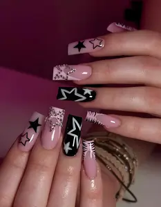 Star Glam Rock Press On Nails, Pink & Black Star Nail Art, Rhinestone 3D Star Accents, Edgy Y2K Nail Design, Handmade Luxury Nails