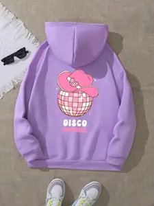 Women's Disco Ball Print Drop Shoulder Hoodie, Fashion Casual Drawstring Pocket Hooded Sweatshirt for Daily Holiday Outdoor Wear, Women Clothing for Fall & Winter