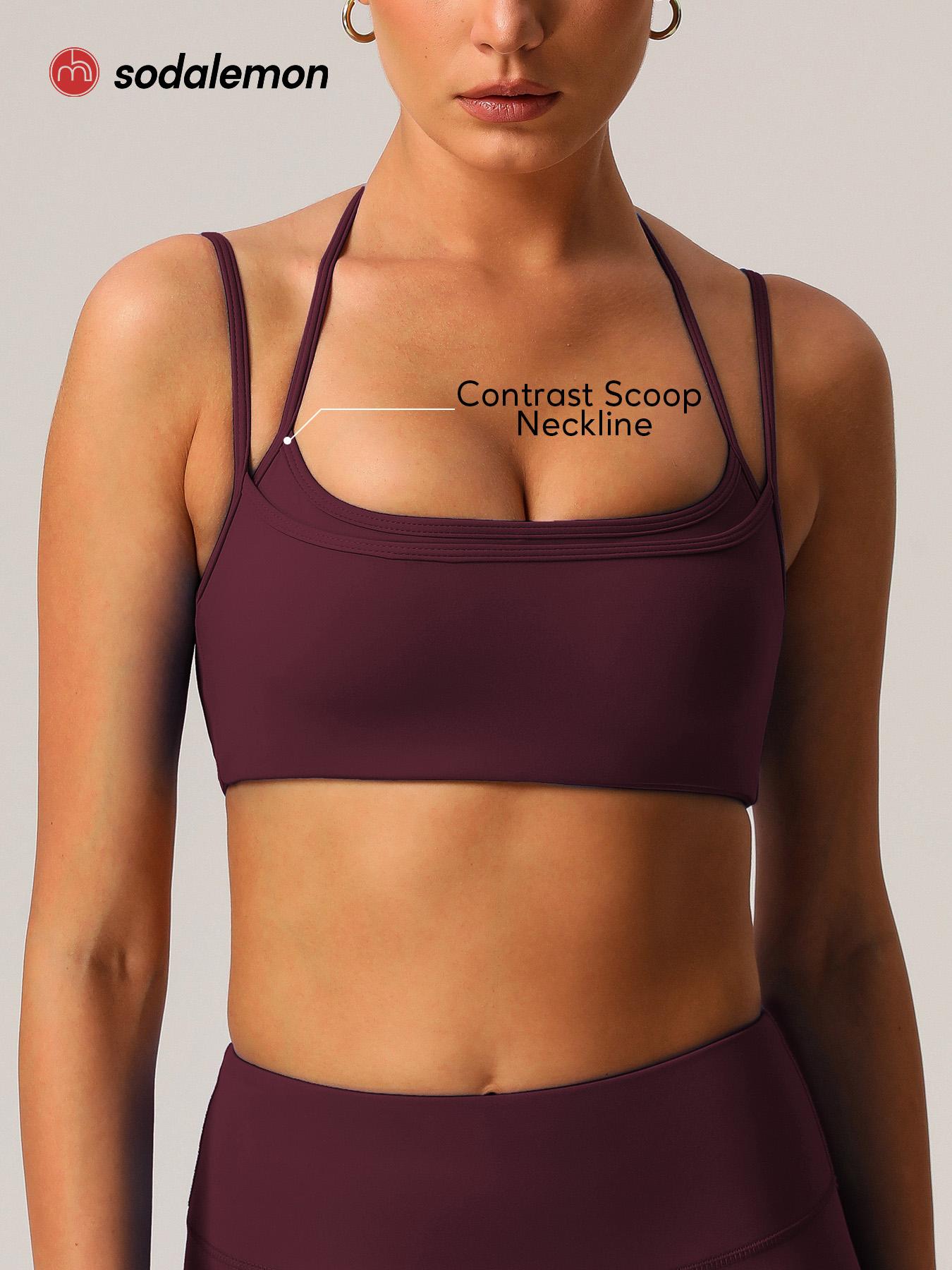 Sodalemon Women double layered-strap scoop-neck yoga sports bra, cropped open-back workout top, outdoor Pilates fitness sports bra