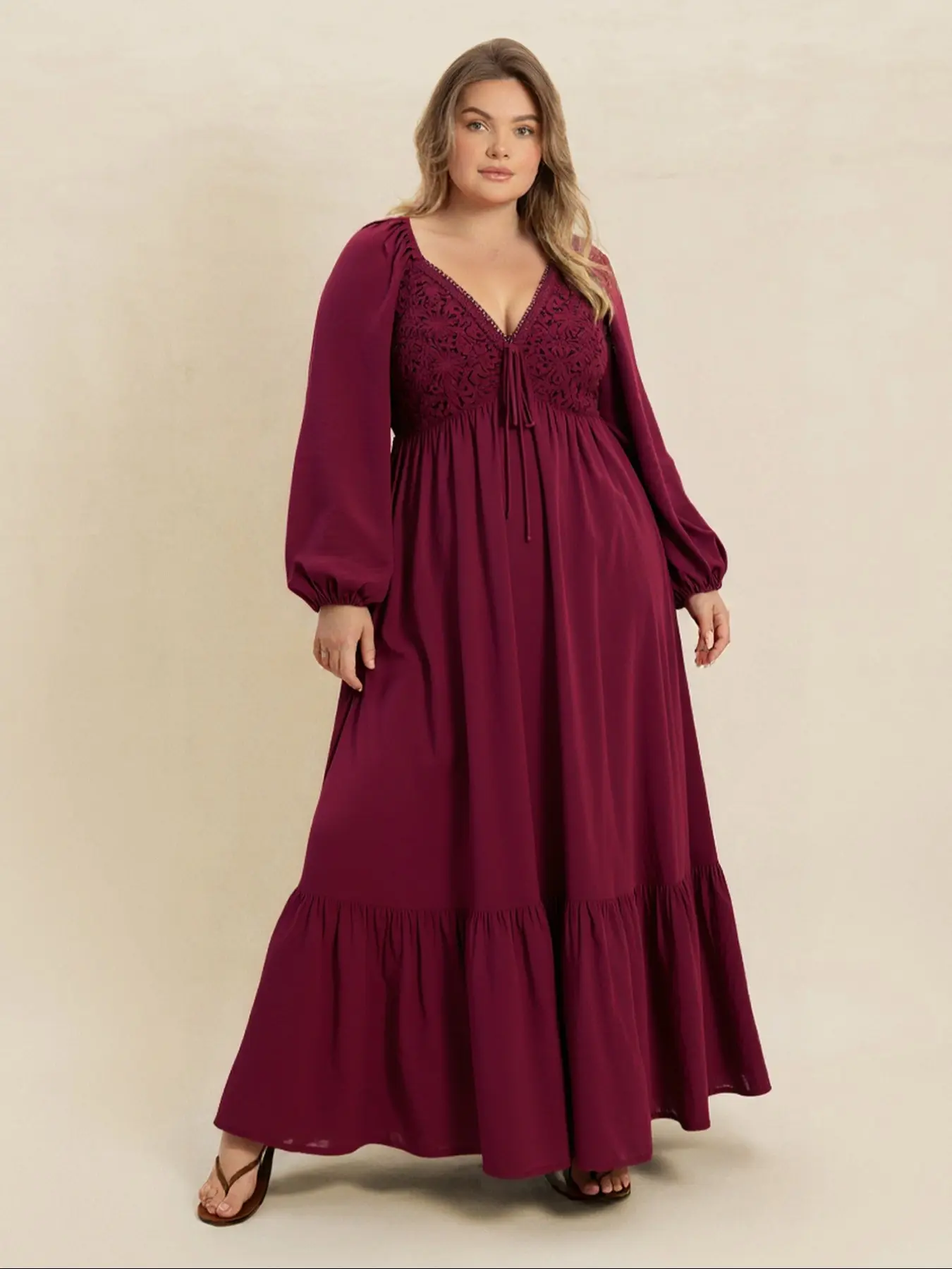 Women's Lady Boho Lace Patchwork V-Neck Wine Dress, Elegant Party Romatic Long Dress, Short Sleeve Loose-Fitting All Seasons Womenswear