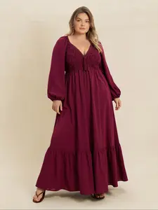 Women's Boho Lace Patchwork V-Neck Wine Dress, Elegant Party Romatic Long Dress, Short Sleeve Loose-Fitting All Seasons Womenswear