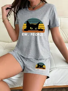 Women's Pajama Set with Cat Print, Loose-Fitting Casual Sleepwear, Comfortable Nightgown for Women, Soft and Cozy Loungewear Pjs, Relaxed Fit Loungewear