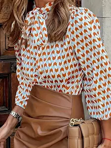Vintage Style Shirt Blouse Print with Tie Long Sleeve Commuter Wear, Elegant Career Date Versatile Top, Stylish Office for Women
