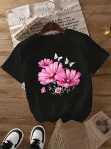 2025 Women's Casual Sports T-Shirt with Pink Flower & Butterfly Nature Print, Cotton Breathable Short Sleeve for All Seasons, Machine Washable, Fresh Style for Daily, Outdoor & Casual Wear