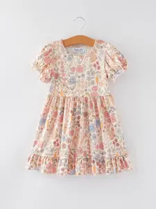Easter Bunny Floral Puff Sleeves Girls Dress