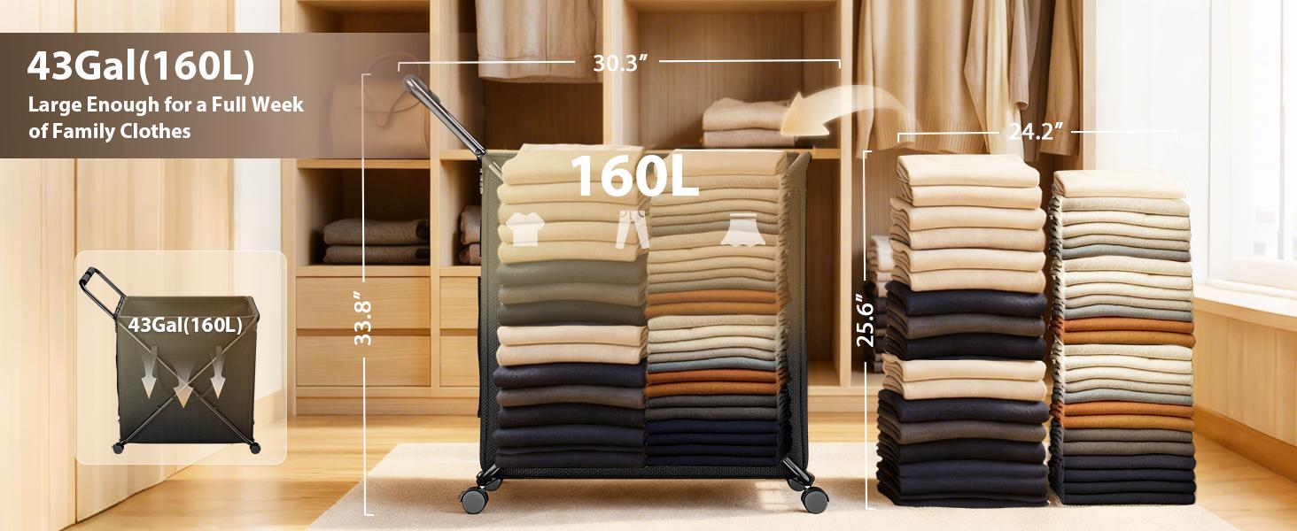 Elf Grill Rolling Laundry Hamper with Wheels, 43 Gal (160L) Large Laundry Basket with Lockable 360° Wheels, Metal Frame, Removable Water-Resistant Liner for Laundry Room Bedroom, Black