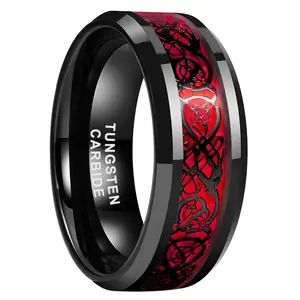 Yonifu 8MM Black Tungsten Red Opal Dragon Ring Polished Beveled Edge Wedding Band For Men Curved Comfort Fit Scratch Proof Fade Resistant