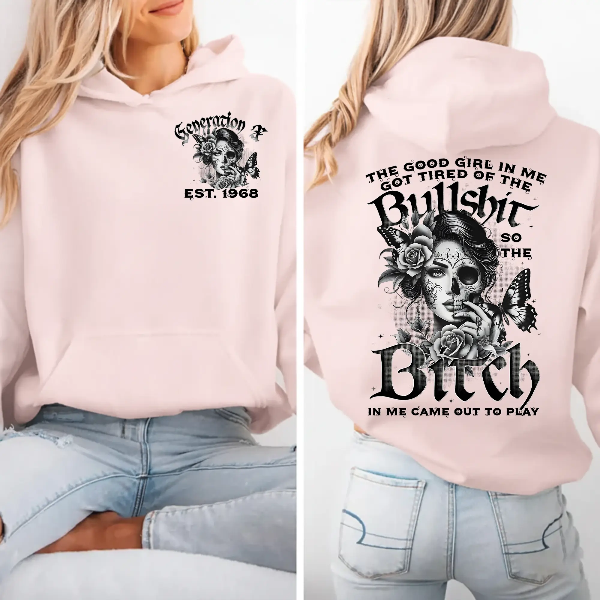 Personalization Generation X Skull Hoodie , The Good Girl Gen X FAFO Hoodie, Raised on Hose Water and Neglect, 100% Cotton, Two-Sided Design Menswear Shirt