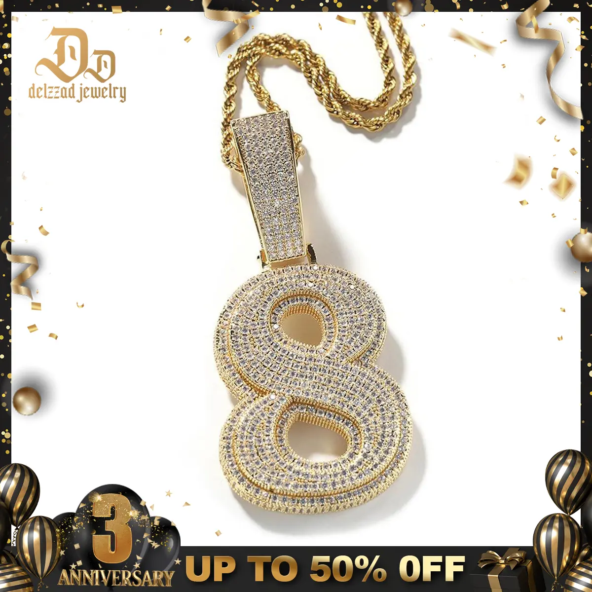Delzzad Hip Hop Zirconia Large Number Pendant Necklace Birthday Anniversary Mother's Day Christmas Gifts for Men Women
