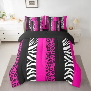 Zebra Stripes Comforter Set with Sheets 7 Piece Leopard Print Bedding Set for Kids Boys Girls Zebra Leopard Fur Bed in a Bag Wild Animal Skin Room Decor Balck Rose Soft Microfiber