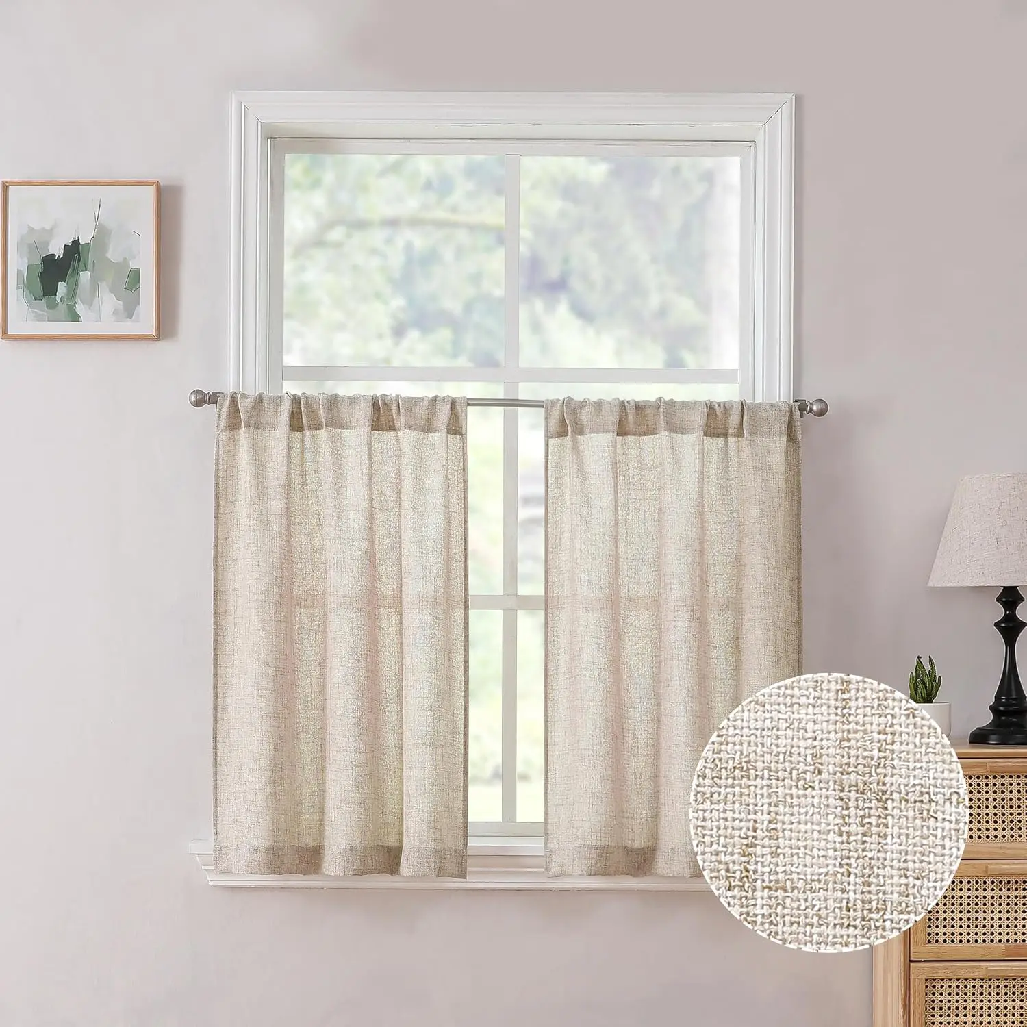 Linen Tier Curtain Rod Pocket Half Kitchen Curtains  30 x 36 inches Long, Natural, Set of 2 Panels