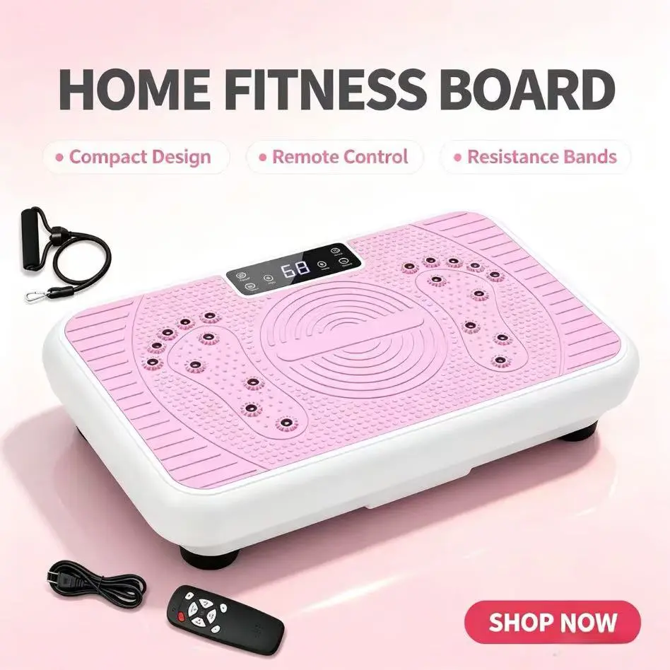 Pink Vibration Plate Exercise Machine - 99-Speed Adjustable Home Fitness Platform with Remote Control, 2 Resistance Bands for Indoor Daily Workout