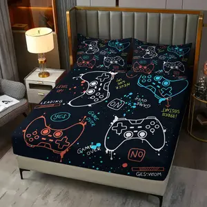 Gamer Fitted Sheet Set (3 Piece, 1 Fitted Sheet + 2 Pillowcases), Sketch Style Gaming Controller Print Bed Sheet Set, Soft Breathable Bedding for Boys Bedroom & Dorm, Ideal Gift for Gamers & Teens (Multiple Sizes Available