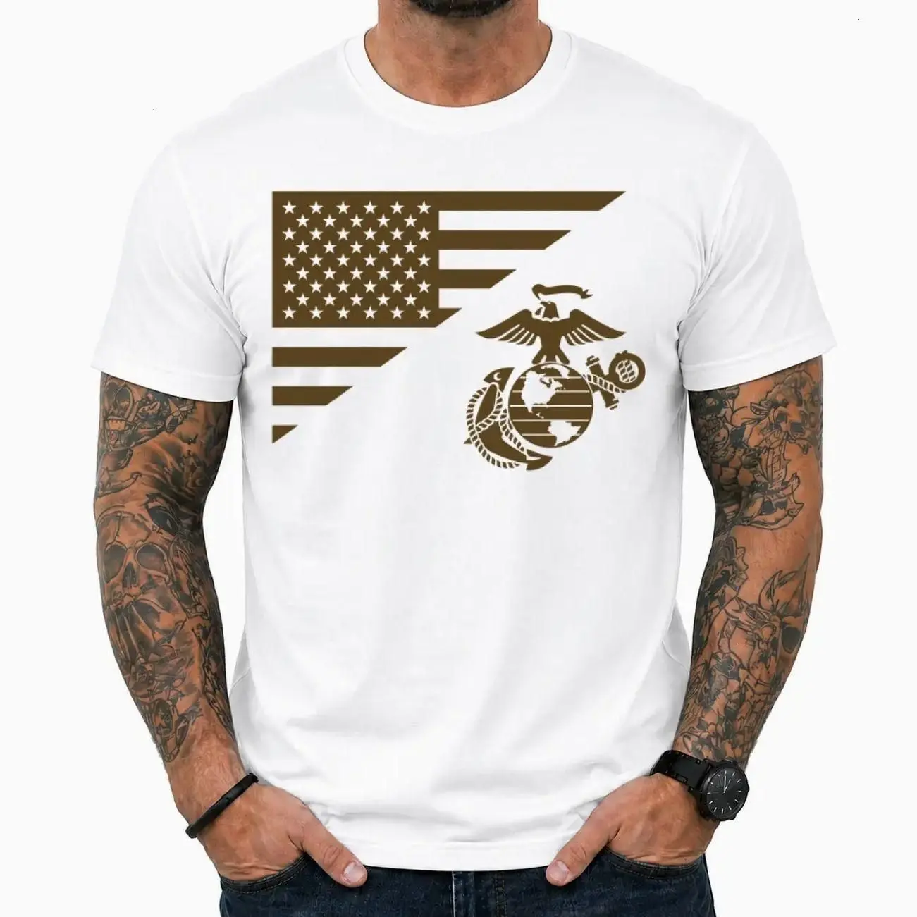 🇺🇸⚓🟩USMC Marine Corps T-Shirt, Split American Flag EGA Graphic Tee, Veteran Military Pride Shirt,  Casual Outfit, Comfortable Menswear & Womenswear Top, Perfect Gift For Men and Women