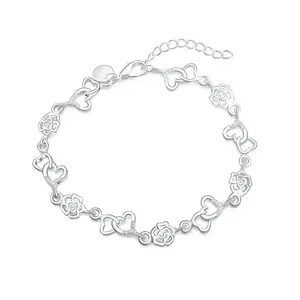 925 Sterling Silver Heart & Rose Bracelet | Adjustable Chain - Cute & Elegant, Perfect for Weddings & Parties