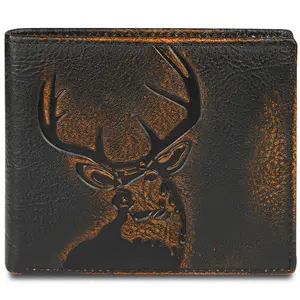 Deer Bifold Wallet For Men Rfid Blocking Full Grain Leather With Hand Burnished Extra Capacity Multiple Card Slots 2 Id Windows (black Orange Deer)