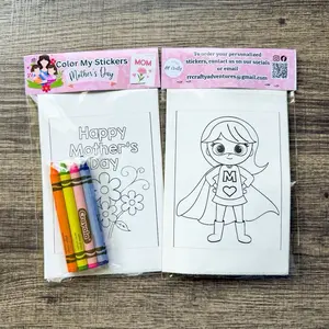 Mother Day Sticker Kits - Color Your Own 6 Adorable Stickers & 4 Crayons for Kids, Birthday Party Favors, Classroom Gifts, Kids Crafts, Art Activity Kits for Kids