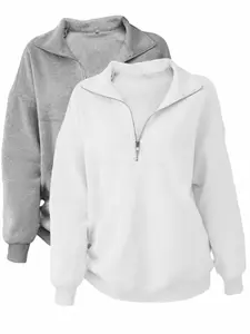 Women's Casual Loose Fit Long Sleeve Pullover Sweater Set, Fall & Winter Plain Round Neck Half Zip Up Top, Daily Wear, Womenswear