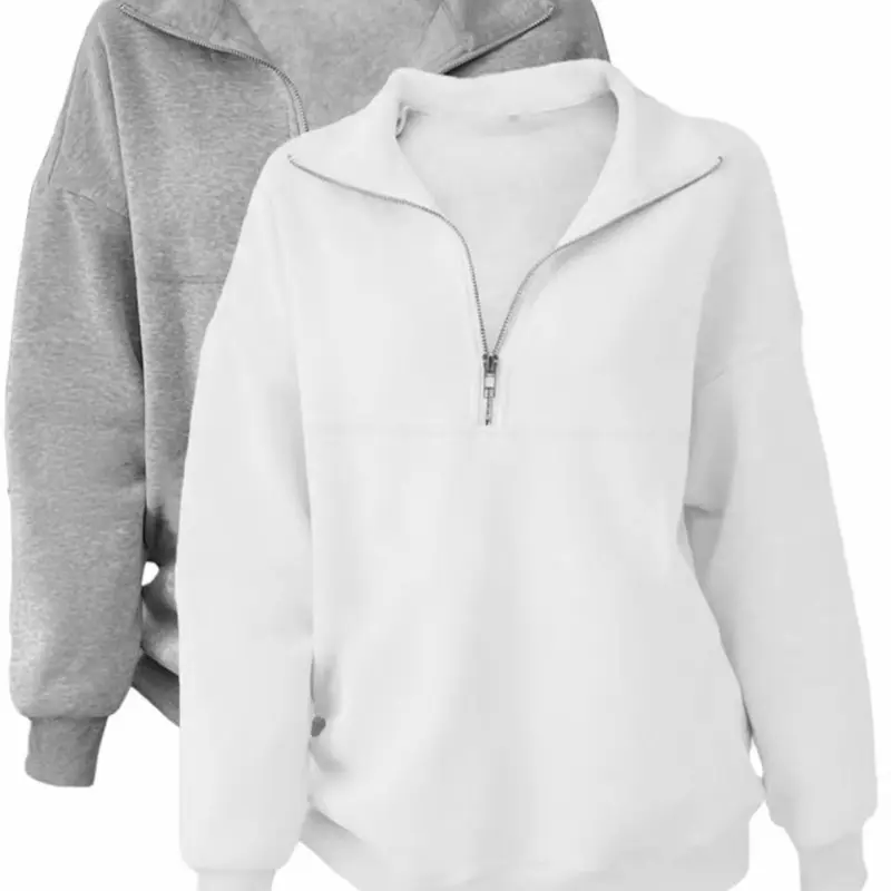 Women's Casual Loose Fit Long Sleeve Pullover Sweater Set, Fall & Winter Plain Round Neck Half Zip Up Top, Daily Wear