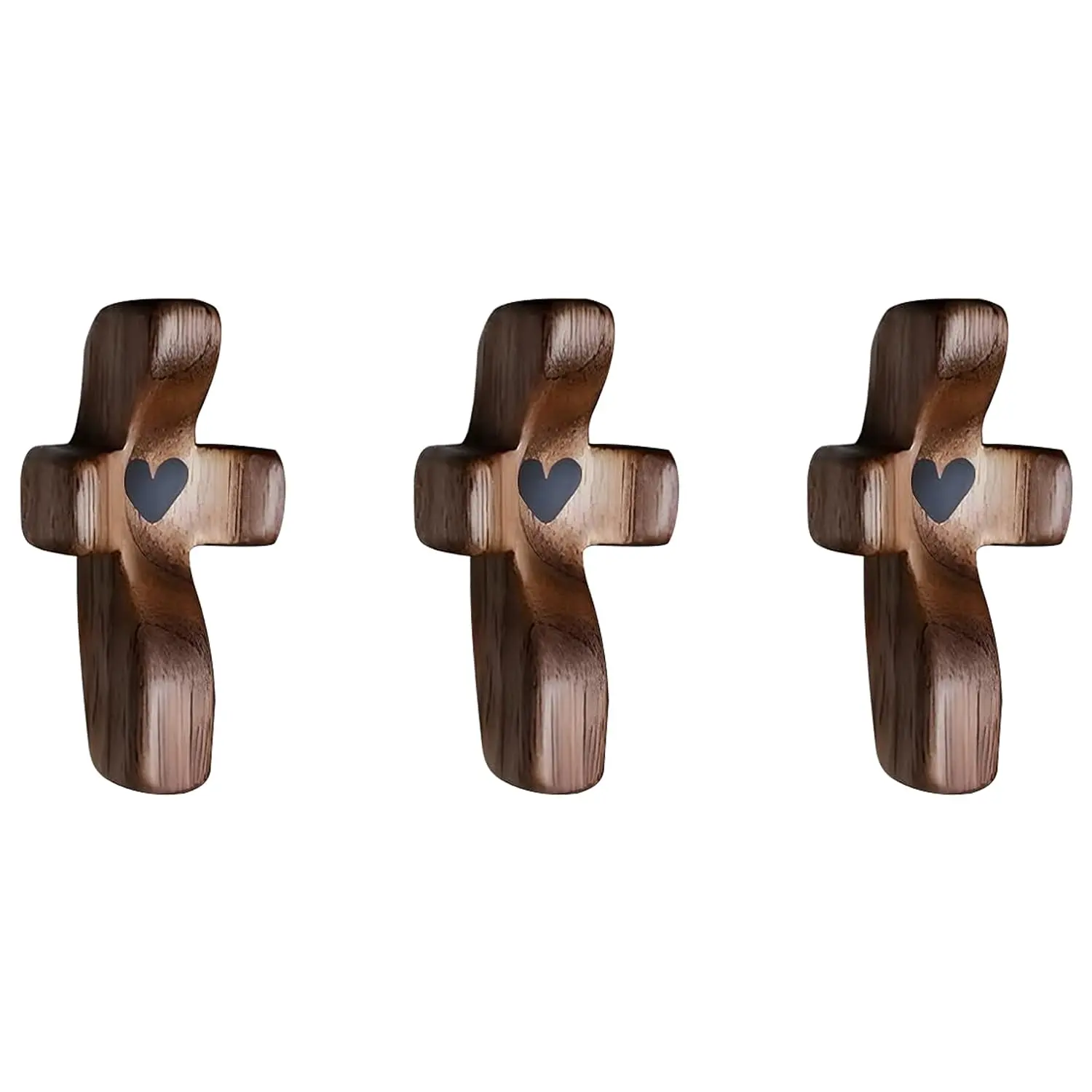 Religious Spiritual 3pcs Geometric Walnut Wooden Cross Stress-Relief Gift Set - Heart to Heart Pocket Crosses for Anxiety Relief, Prayer, Christianity Home Decor Religious Decorations