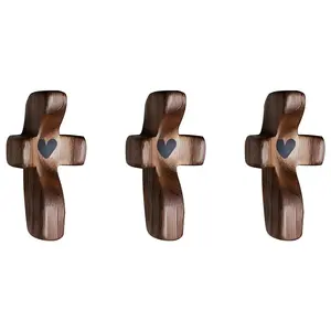 3-Piece Wooden Cross Stress-Relieving Gift Set - Heart to Heart, Walnut Pocket Crosses for Relieving Anxiety, Prayer, and Encouragement: Christian Gifts