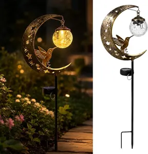 (father's day gifts) Hummingbird Moon Solar Garden Stake Light Waterproof Half Moon LED Pathway Decor Crackle Hanging Glass Globe Ball Metal Crescent for Outside Yard Patio Lawn Outdoor Decor father son high school graduation gift